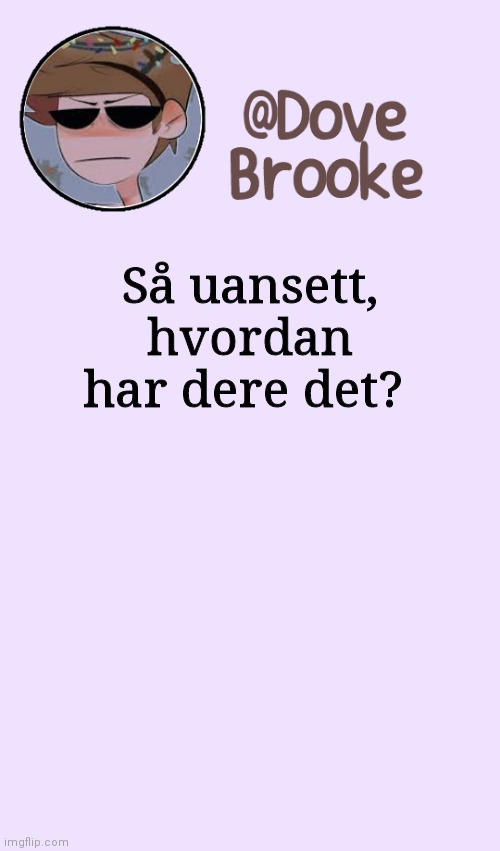 Do not question why I'm speaking this language | Så uansett, hvordan har dere det? | image tagged in dove's festive announcement template | made w/ Imgflip meme maker