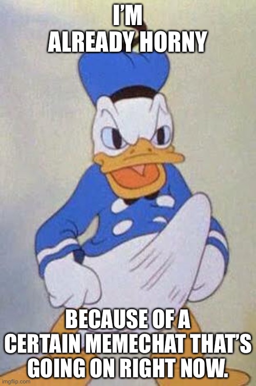 Horny Donald Duck | I’M ALREADY HORNY; BECAUSE OF A CERTAIN MEMECHAT THAT’S GOING ON RIGHT NOW. | image tagged in horny donald duck | made w/ Imgflip meme maker