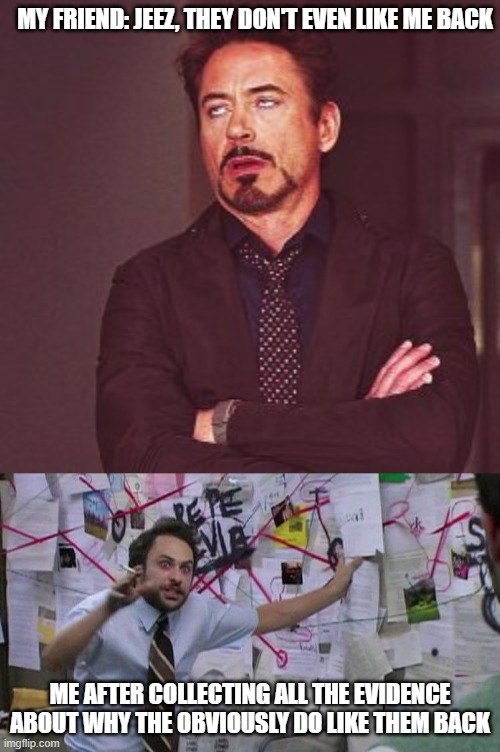 :^ | MY FRIEND: JEEZ, THEY DON'T EVEN LIKE ME BACK; ME AFTER COLLECTING ALL THE EVIDENCE ABOUT WHY THE OBVIOUSLY DO LIKE THEM BACK | image tagged in funny,crush,friends,friendship,evidence | made w/ Imgflip meme maker