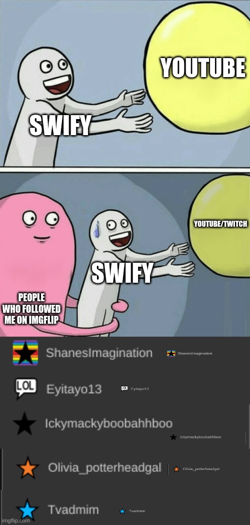 Hmmm | YOUTUBE; SWIFY; YOUTUBE/TWITCH; SWIFY; PEOPLE WHO FOLLOWED ME ON IMGFLIP | image tagged in memes,running away balloon | made w/ Imgflip meme maker