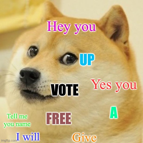 ddooggee | Hey you; UP; Yes you; VOTE; A; FREE; Tell me you name; I will; Give | image tagged in memes,doge | made w/ Imgflip meme maker