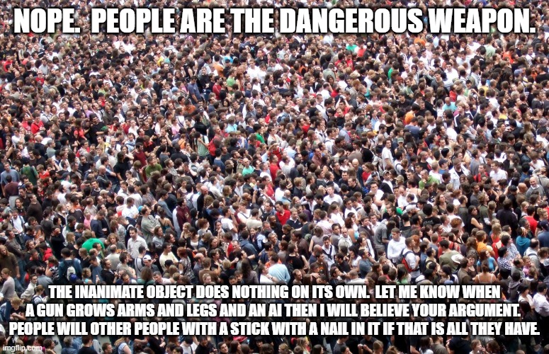 crowd of people | NOPE.  PEOPLE ARE THE DANGEROUS WEAPON. THE INANIMATE OBJECT DOES NOTHING ON ITS OWN.  LET ME KNOW WHEN A GUN GROWS ARMS AND LEGS AND AN AI  | image tagged in crowd of people | made w/ Imgflip meme maker