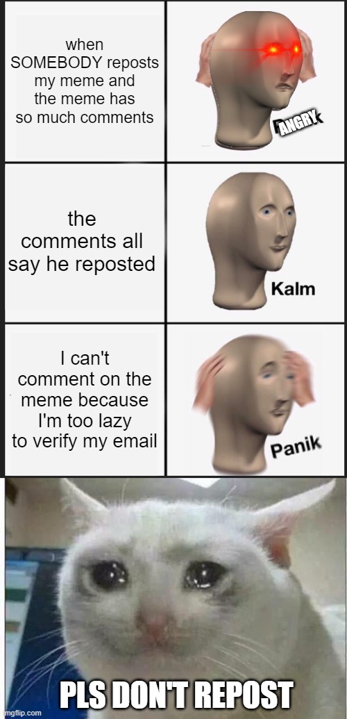 when SOMEBODY reposts my meme and the meme has so much comments; ANGRY; the comments all say he reposted; I can't comment on the meme because I'm too lazy to verify my email; PLS DON'T REPOST | image tagged in memes,panik kalm panik,crying cat | made w/ Imgflip meme maker