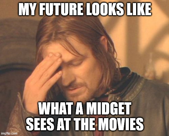 Frustrated Boromir Meme |  MY FUTURE LOOKS LIKE; WHAT A MIDGET SEES AT THE MOVIES | image tagged in memes,frustrated boromir | made w/ Imgflip meme maker