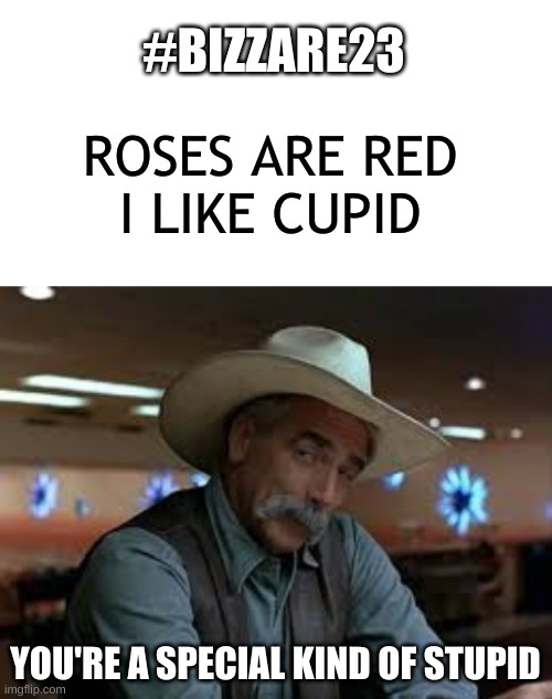 LOL | #BIZZARE23; ROSES ARE RED
I LIKE CUPID; YOU'RE A SPECIAL KIND OF STUPID | image tagged in blank white template,stupid,poem | made w/ Imgflip meme maker