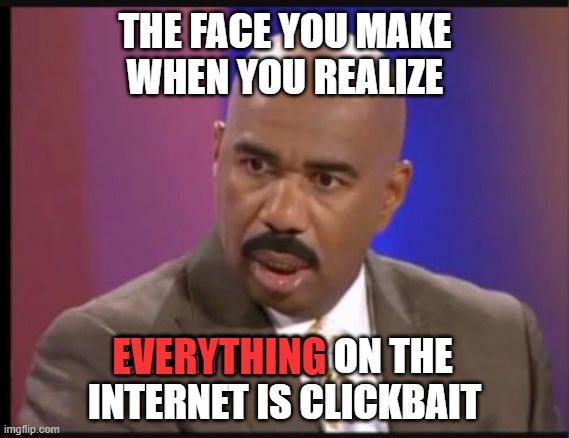 Even this meme is... | THE FACE YOU MAKE
WHEN YOU REALIZE; EVERYTHING ON THE INTERNET IS CLICKBAIT; EVERYTHING | image tagged in steve harvey that face when | made w/ Imgflip meme maker
