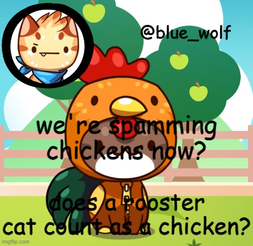 we're spamming chickens now? does a rooster cat count as a chicken? | image tagged in blue wolfs announcement thing | made w/ Imgflip meme maker