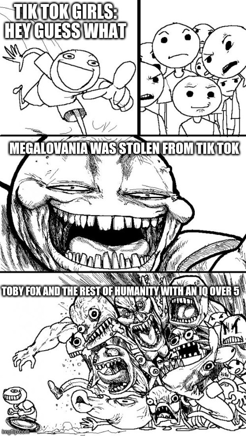 Hey Internet Meme | TIK TOK GIRLS: HEY GUESS WHAT; MEGALOVANIA WAS STOLEN FROM TIK TOK; TOBY FOX AND THE REST OF HUMANITY WITH AN IQ OVER 5 | image tagged in memes,hey internet | made w/ Imgflip meme maker