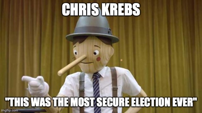 Chris Krebs This was the most secure election ever | CHRIS KREBS; "THIS WAS THE MOST SECURE ELECTION EVER" | image tagged in geico pinocchio | made w/ Imgflip meme maker