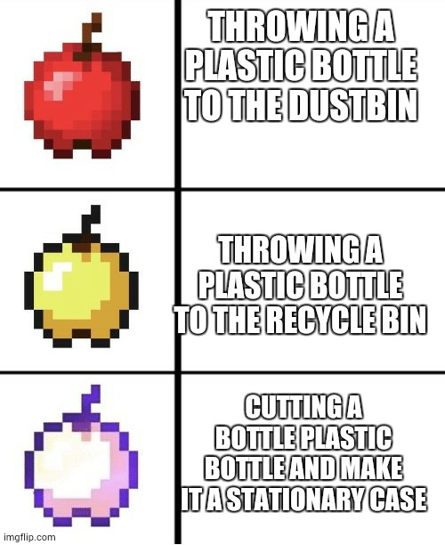Minecraft apple format | THROWING A PLASTIC BOTTLE TO THE DUSTBIN; THROWING A PLASTIC BOTTLE TO THE RECYCLE BIN; CUTTING A BOTTLE PLASTIC BOTTLE AND MAKE IT A STATIONARY CASE | image tagged in minecraft apple format | made w/ Imgflip meme maker