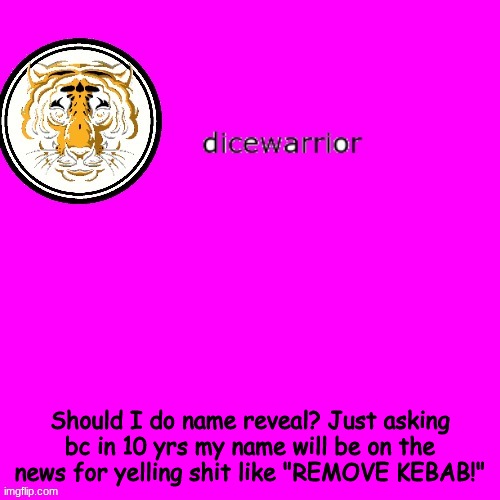 dice's annnouncment | Should I do name reveal? Just asking bc in 10 yrs my name will be on the news for yelling shit like "REMOVE KEBAB!" | image tagged in dice's annnouncment | made w/ Imgflip meme maker