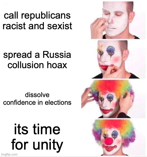 Clown Applying Makeup Meme | call republicans racist and sexist; spread a Russia collusion hoax; dissolve confidence in elections; its time for unity | image tagged in memes,clown applying makeup,mainstream media,leftists | made w/ Imgflip meme maker