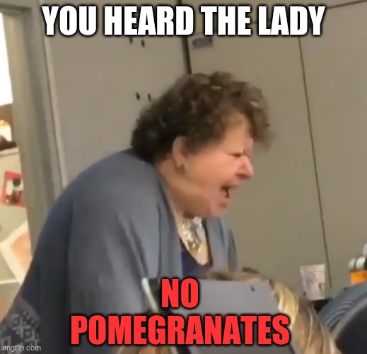 No Pomegranates | YOU HEARD THE LADY; NO POMEGRANATES | image tagged in no pomegranates | made w/ Imgflip meme maker