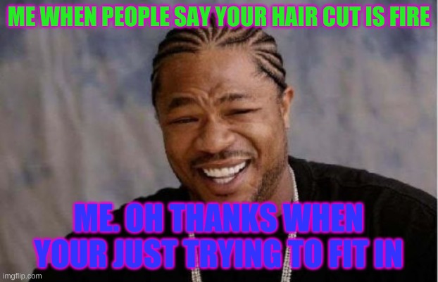 Yo Dawg Heard You | ME WHEN PEOPLE SAY YOUR HAIR CUT IS FIRE; ME. OH THANKS WHEN YOUR JUST TRYING TO FIT IN | image tagged in memes,yo dawg heard you | made w/ Imgflip meme maker