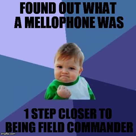 Success Kid Meme | FOUND OUT WHAT A MELLOPHONE WAS 1 STEP CLOSER TO BEING FIELD COMMANDER | image tagged in memes,success kid | made w/ Imgflip meme maker