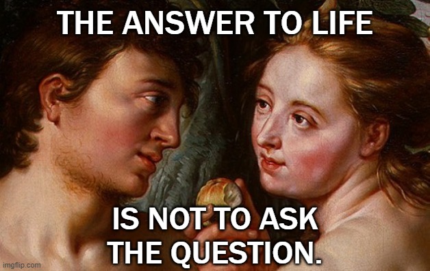 I blame Eve... | THE ANSWER TO LIFE; IS NOT TO ASK
THE QUESTION. | image tagged in adam eve | made w/ Imgflip meme maker