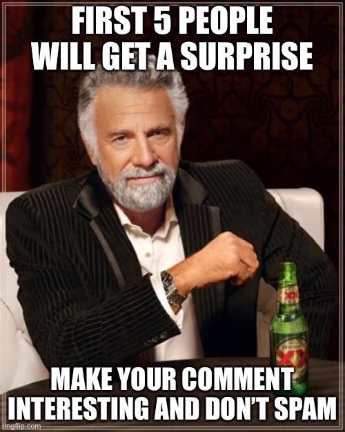The Most Interesting Man In The World Meme | FIRST 5 PEOPLE WILL GET A SURPRISE; MAKE YOUR COMMENT INTERESTING AND DON’T SPAM | image tagged in memes,the most interesting man in the world | made w/ Imgflip meme maker