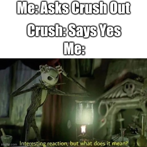 what does it mean | Me: Asks Crush Out; Crush: Says Yes; Me: | image tagged in interesting reaction but what does it mean | made w/ Imgflip meme maker
