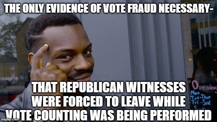 Scott Adams nails it! | THE ONLY EVIDENCE OF VOTE FRAUD NECESSARY-; THAT REPUBLICAN WITNESSES WERE FORCED TO LEAVE WHILE VOTE COUNTING WAS BEING PERFORMED | image tagged in memes,roll safe think about it | made w/ Imgflip meme maker