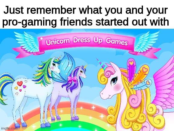 Or at least this is what the gamer girls started off with | Just remember what you and your pro-gaming friends started out with | image tagged in unicorns,dress up,pro gamer,girls | made w/ Imgflip meme maker