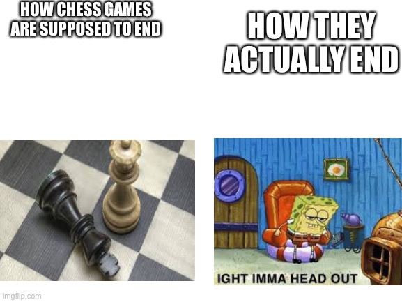 Blank White Template | HOW CHESS GAMES ARE SUPPOSED TO END; HOW THEY ACTUALLY END | image tagged in blank white template | made w/ Imgflip meme maker