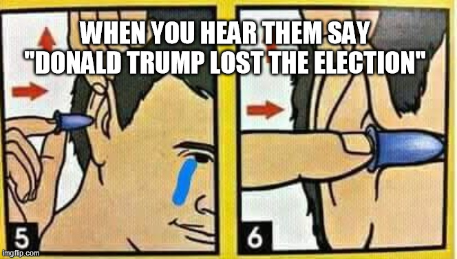 ear plugs | WHEN YOU HEAR THEM SAY "DONALD TRUMP LOST THE ELECTION" | image tagged in ear plugs,election 2020,donald trump | made w/ Imgflip meme maker