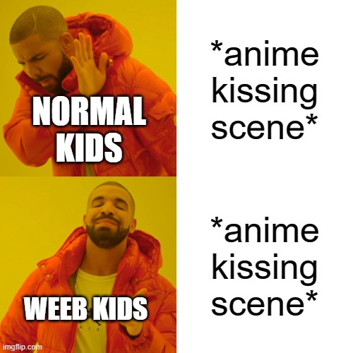 Drake Hotline Bling Meme | *anime kissing scene*; NORMAL KIDS; *anime kissing scene*; WEEB KIDS | image tagged in memes,drake hotline bling | made w/ Imgflip meme maker