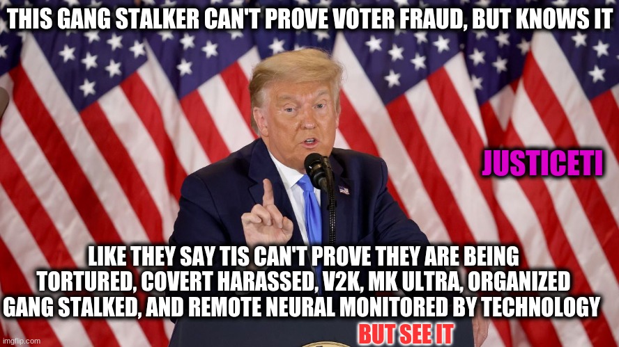 Trump Was Their Voter Fraud, YES Can You PROVE it NO | THIS GANG STALKER CAN'T PROVE VOTER FRAUD, BUT KNOWS IT; JUSTICETI; LIKE THEY SAY TIS CAN'T PROVE THEY ARE BEING TORTURED, COVERT HARASSED, V2K, MK ULTRA, ORGANIZED GANG STALKED, AND REMOTE NEURAL MONITORED BY TECHNOLOGY; BUT SEE IT | image tagged in donald trump,covert harassment,election 2020,gang stalking,targeted individuals,tisfightback | made w/ Imgflip meme maker
