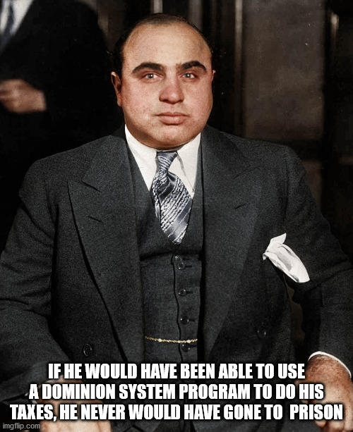 Dominion Systems | IF HE WOULD HAVE BEEN ABLE TO USE A DOMINION SYSTEM PROGRAM TO DO HIS TAXES, HE NEVER WOULD HAVE GONE TO  PRISON | image tagged in al capone | made w/ Imgflip meme maker
