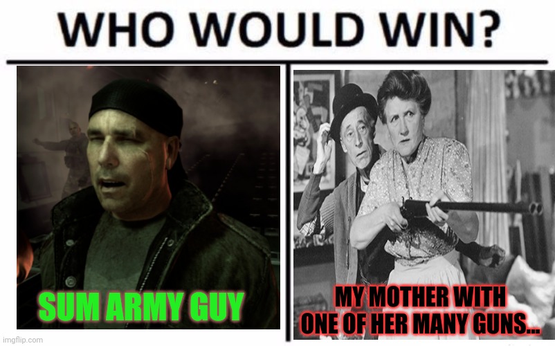 Who Would Win? Meme | SUM ARMY GUY MY MOTHER WITH ONE OF HER MANY GUNS... | image tagged in memes,who would win | made w/ Imgflip meme maker