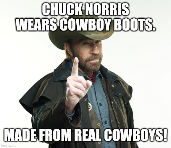 Chuck Norris Finger Meme | CHUCK NORRIS WEARS COWBOY BOOTS. MADE FROM REAL COWBOYS! | image tagged in memes,chuck norris finger,chuck norris | made w/ Imgflip meme maker