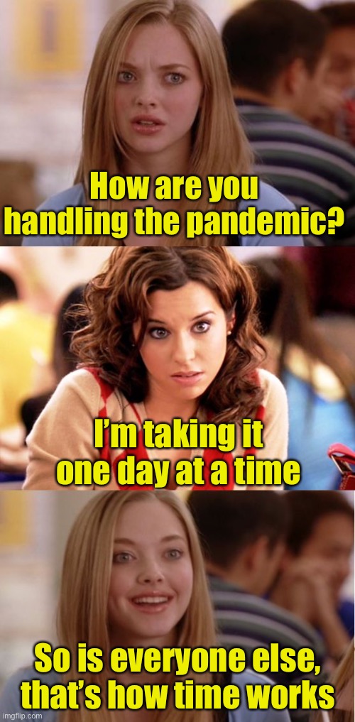 One day at a time | How are you handling the pandemic? I’m taking it one day at a time; So is everyone else, that’s how time works | image tagged in blonde pun,covid-19 | made w/ Imgflip meme maker