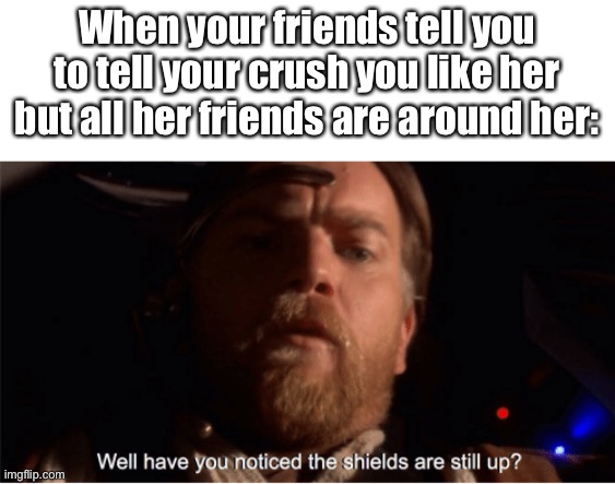 I don’t even have a crush lmao, not even a friend KEKW | When your friends tell you to tell your crush you like her but all her friends are around her: | image tagged in well have you noticed the shields are up | made w/ Imgflip meme maker