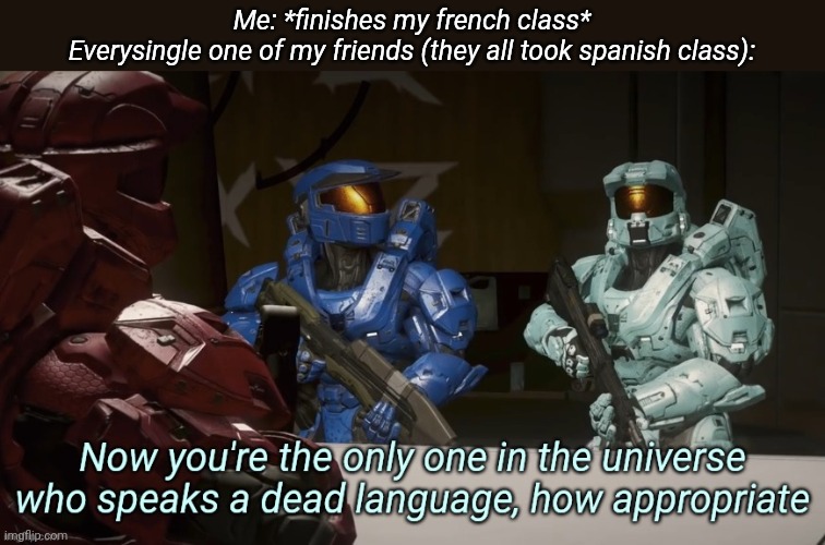 I'm terrible at french XD, I only know basic french | Me: *finishes my french class*
Everysingle one of my friends (they all took spanish class): | image tagged in now you're the only one in the universe who speaks a dead lang | made w/ Imgflip meme maker