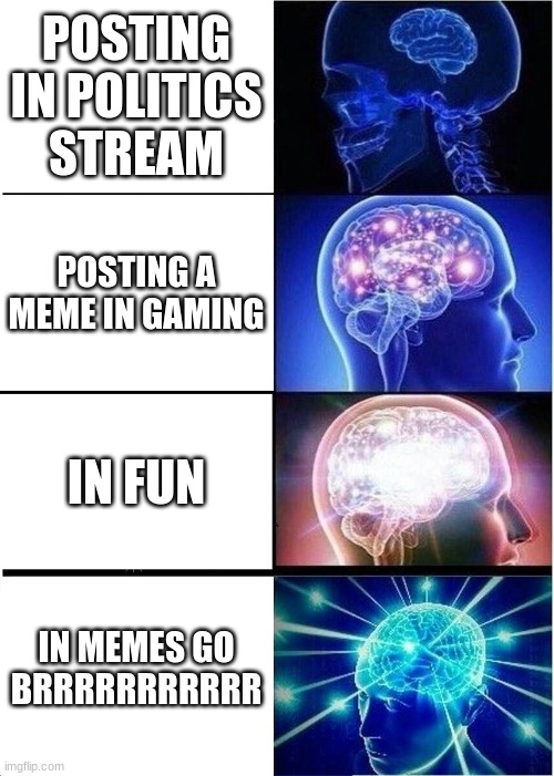 plz post more in here and we can make this big | POSTING IN POLITICS STREAM; POSTING A MEME IN GAMING; IN FUN; IN MEMES GO BRRRRRRRRRRR | image tagged in memes,expanding brain | made w/ Imgflip meme maker