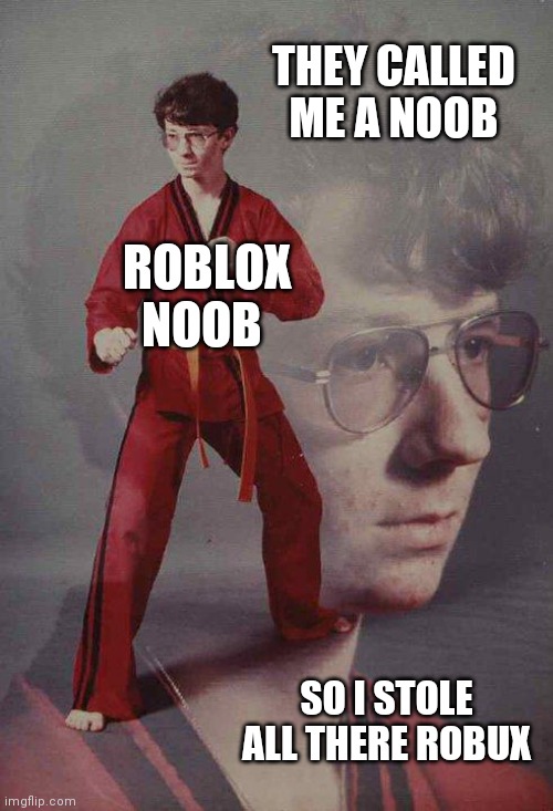 Karate Kyle Meme | THEY CALLED ME A NOOB; ROBLOX NOOB; SO I STOLE ALL THERE ROBUX | image tagged in memes,karate kyle | made w/ Imgflip meme maker