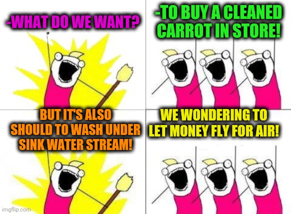 -Clean food. | -WHAT DO WE WANT? -TO BUY A CLEANED CARROT IN STORE! BUT IT'S ALSO SHOULD TO WASH UNDER SINK WATER STREAM! WE WONDERING TO LET MONEY FLY FOR AIR! | image tagged in memes,what do we want,carrots,clean up,in terms of money,spending | made w/ Imgflip meme maker