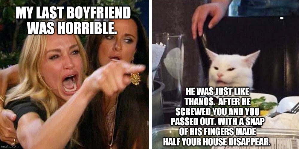 Smudge the cat | J M; MY LAST BOYFRIEND WAS HORRIBLE. HE WAS JUST LIKE THANOS.  AFTER HE SCREWED YOU AND YOU PASSED OUT. WITH A SNAP OF HIS FINGERS MADE HALF YOUR HOUSE DISAPPEAR. | image tagged in smudge the cat | made w/ Imgflip meme maker
