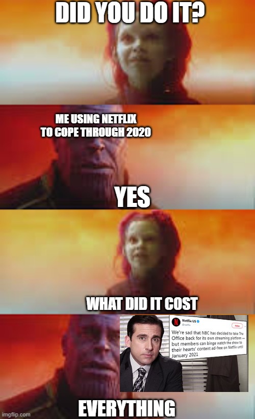 Office meme | DID YOU DO IT? ME USING NETFLIX TO COPE THROUGH 2020; YES; WHAT DID IT COST; EVERYTHING | image tagged in the office | made w/ Imgflip meme maker