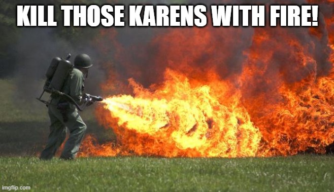 flamethrower | KILL THOSE KARENS WITH FIRE! | image tagged in flamethrower | made w/ Imgflip meme maker