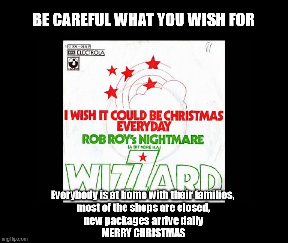 Be careful what you wish for | BE CAREFUL WHAT YOU WISH FOR; Everybody is at home with their families, 
most of the shops are closed,
new packages arrive daily
MERRY CHRISTMAS | image tagged in chistmas,covid | made w/ Imgflip meme maker