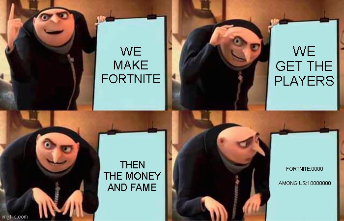 Gru's Plan | WE MAKE FORTNITE; WE GET THE PLAYERS; THEN THE MONEY AND FAME; FORTNITE:0000
  
AMONG US:10000000 | image tagged in memes,gru's plan | made w/ Imgflip meme maker