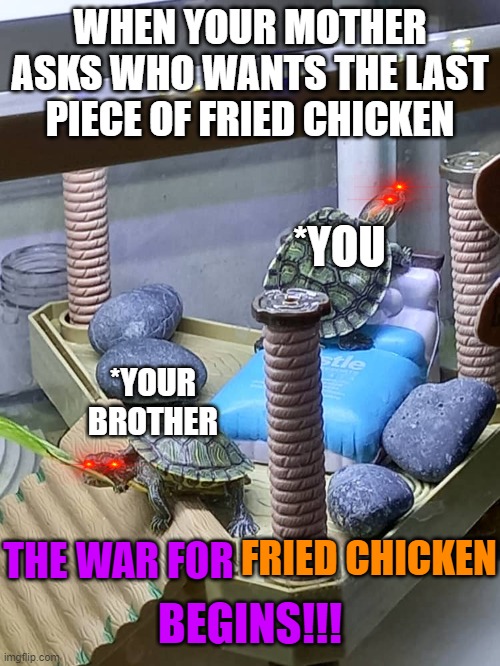 WHEN YOUR MOTHER ASKS WHO WANTS THE LAST PIECE OF FRIED CHICKEN; *YOU; *YOUR BROTHER; FRIED CHICKEN; THE WAR FOR; BEGINS!!! | image tagged in fried chicken | made w/ Imgflip meme maker
