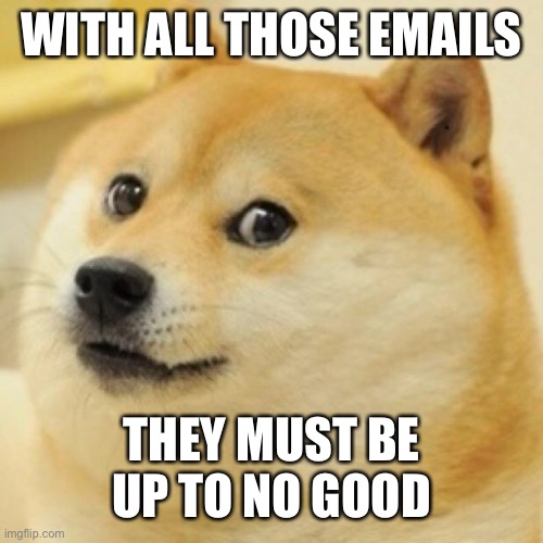 wow doge | WITH ALL THOSE EMAILS THEY MUST BE UP TO NO GOOD | image tagged in wow doge | made w/ Imgflip meme maker