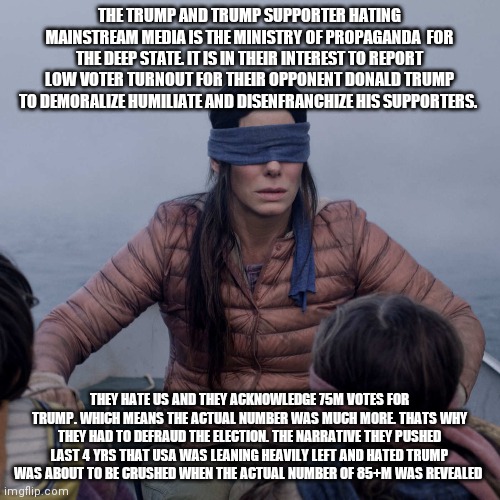 Bird Box | THE TRUMP AND TRUMP SUPPORTER HATING MAINSTREAM MEDIA IS THE MINISTRY OF PROPAGANDA  FOR THE DEEP STATE. IT IS IN THEIR INTEREST TO REPORT LOW VOTER TURNOUT FOR THEIR OPPONENT DONALD TRUMP TO DEMORALIZE HUMILIATE AND DISENFRANCHIZE HIS SUPPORTERS. THEY HATE US AND THEY ACKNOWLEDGE 75M VOTES FOR TRUMP. WHICH MEANS THE ACTUAL NUMBER WAS MUCH MORE. THATS WHY THEY HAD TO DEFRAUD THE ELECTION. THE NARRATIVE THEY PUSHED LAST 4 YRS THAT USA WAS LEANING HEAVILY LEFT AND HATED TRUMP WAS ABOUT TO BE CRUSHED WHEN THE ACTUAL NUMBER OF 85+M WAS REVEALED | image tagged in memes,bird box | made w/ Imgflip meme maker