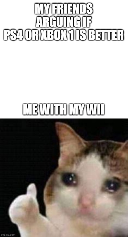 Approved crying cat | MY FRIENDS ARGUING IF PS4 OR XBOX 1 IS BETTER; ME WITH MY WII | image tagged in approved crying cat | made w/ Imgflip meme maker