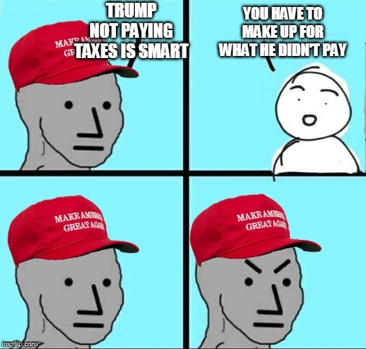 Go ahead and try not to pay. I'm sure you can afford the lawyers to let you get away with it | YOU HAVE TO MAKE UP FOR WHAT HE DIDN'T PAY; TRUMP NOT PAYING TAXES IS SMART | image tagged in maga npc an an0nym0us template | made w/ Imgflip meme maker