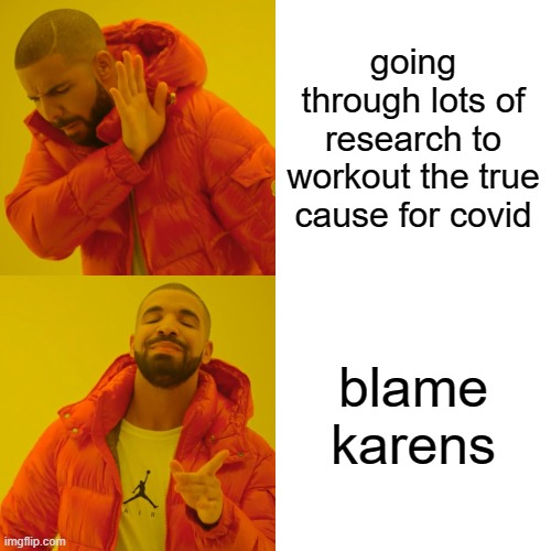 Drake Hotline Bling | going through lots of research to workout the true cause for covid; blame karens | image tagged in memes,drake hotline bling | made w/ Imgflip meme maker