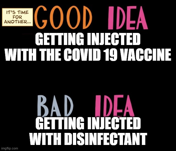 Good Idea/Bad Idea | GETTING INJECTED WITH THE COVID 19 VACCINE; GETTING INJECTED WITH DISINFECTANT | image tagged in good idea/bad idea | made w/ Imgflip meme maker