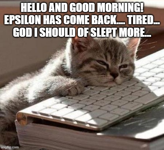 tired cat | HELLO AND GOOD MORNING! EPSILON HAS COME BACK.... TIRED... GOD I SHOULD OF SLEPT MORE... | image tagged in tired cat | made w/ Imgflip meme maker